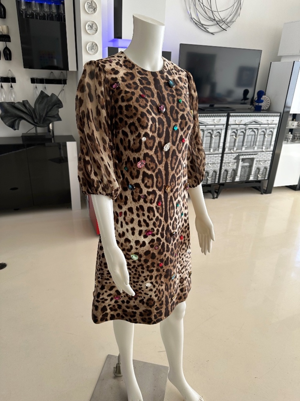 Dolce&Gabbana  Animal print wool dress with large multicolor crystals IT40
